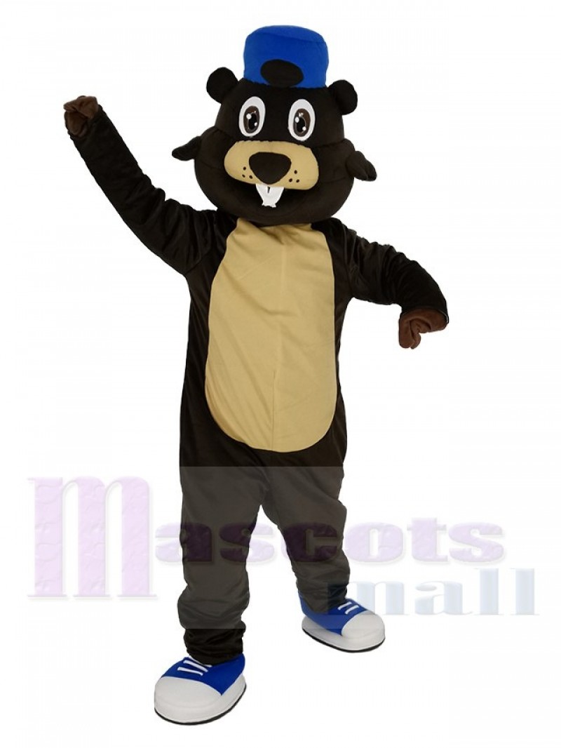 Brown Beaver with Blue Hat Mascot Costume