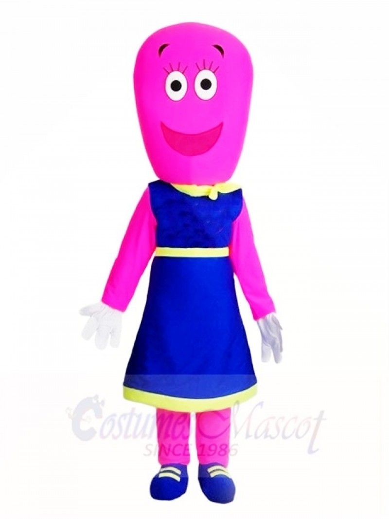 Pink Woman in Blue Dress Mascot Costumes People