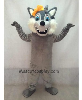 Grey Big Bad Female Wolf with Yellow Bow Mascot Costume