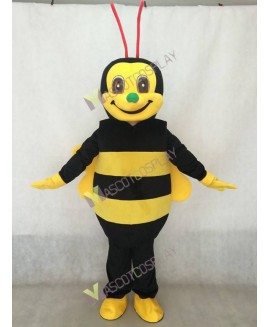 Realistic Adult Black and Yellow Honey Bee with Green Nose and Red Antennae Mascot Costume