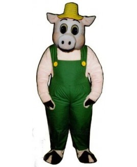 Cute Otis Oinker Pig Hog with Straw Hat & Overalls Mascot Costume