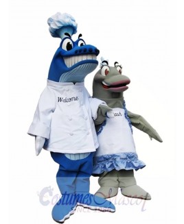 Blue Whale Chef on left Mascot Costumes