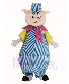 Pig in Blue and White Stripe Suit Mascot Costume