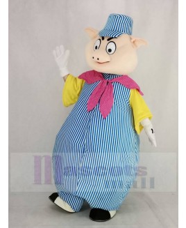 Pig in Blue and White Stripe Suit Mascot Costume