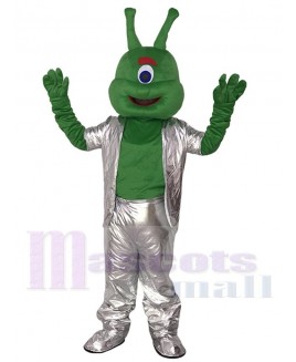 Green Alien in Silver Suit Mascot Funny Costume