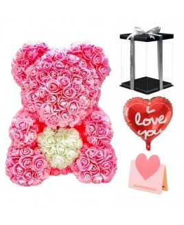Light Rose Pink Teddy Bear Flower Bear with White Heart Best Gift for Mother's Day, Valentine's Day, Anniversary, Weddings and Birthday