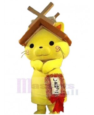 Yellow Cat Mascot Costume Animal with A House Roof Over the Head