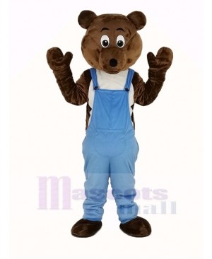 Dark Brown Bear in Blue Overalls Mascot Costume Animal