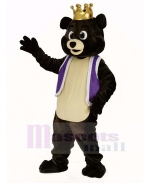 Dark Brown King Bear in Purple Waistcoat Mascot Costume Animal