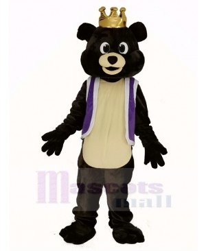 Dark Brown King Bear in Purple Waistcoat Mascot Costume Animal