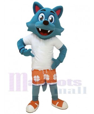 Happy Blue Wolf Mascot Costume in White T-shirt Animal