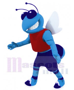 Blue Hornet Mascot Costume Animal in Red Vest