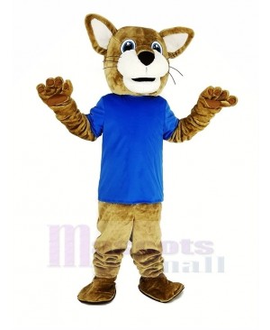 Brown Wildcat with Blue T-shirt Mascot Costume Animal