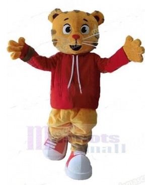 Orange And Gray Cat Mascot Costume Animal in Red Clothes