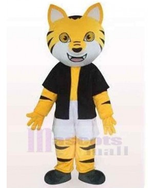 Black And Yellow Striped Cat Mascot Costume Animal in Black Clothes