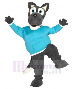 Happy Wolf Mascot Costume Animal in Blue Clothes