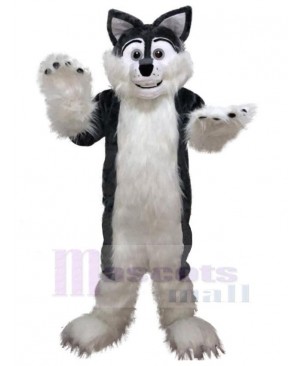 Cute Black and White Long Fur Wolf Mascot Costume Animal