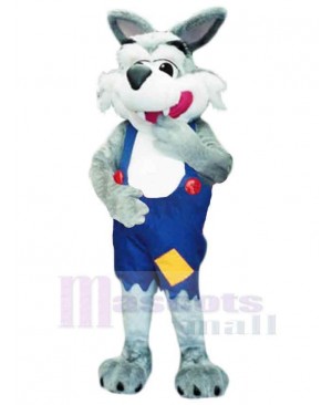 Friendly Wolf Mascot Costume Animal in Blue Overalls