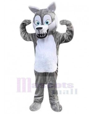 Comical Gray Wolf Mascot Costume Animal with Blue Eyes