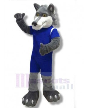 Power Grey Wolf Mascot Costume Animal in Blue Sportswear