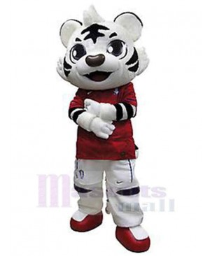 Black and White Tiger Mascot Costume Animal in Red Clothes