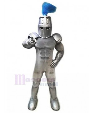 Silver Templar Knight with Blue Tassel Mascot Costume People