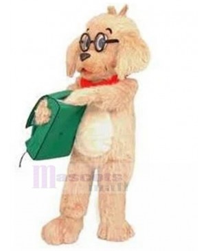 Learned Golden Retriever Dog Mascot Costume with Green School Bag Animal