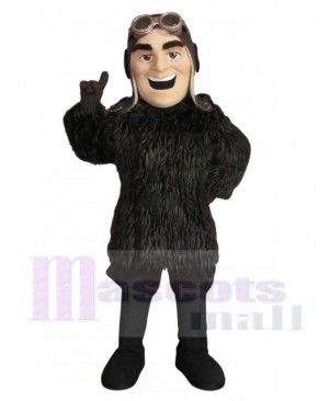 Pilot in Black Warm Fur Coat Mascot Costume People