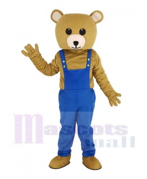 Brown Teddy Bear in Blue Overalls Mascot Costume Animal