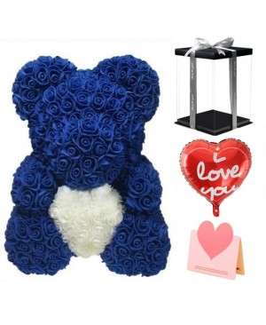 Deep Blue Rose Teddy Bear Flower Bear with White Heart Best Gift for Mother's Day, Valentine's Day, Anniversary, Weddings and Birthday